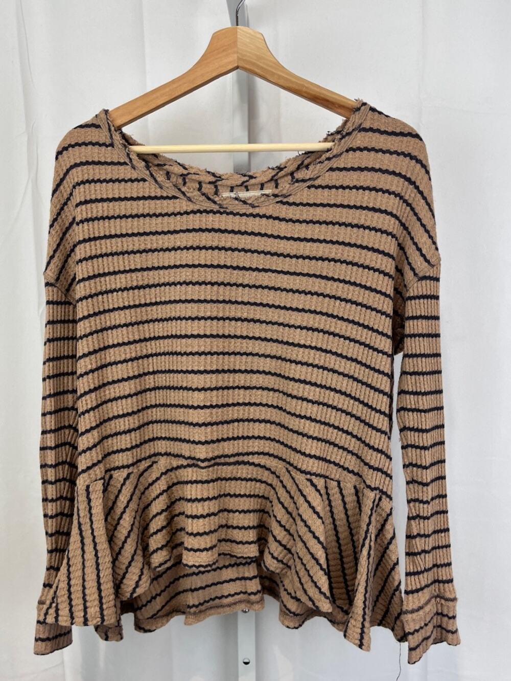 WE THE FREE People Auntie Em Top Stripe Long Sleeve Peplum Pullover Brown Navy S